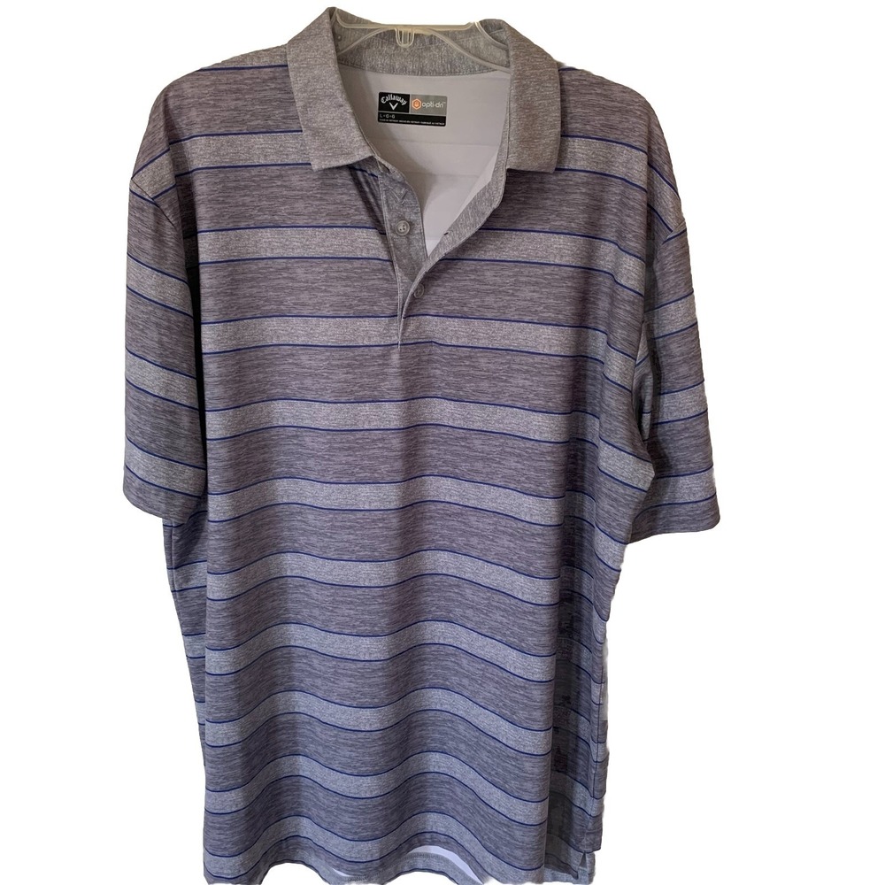 Callaway Opti-Dri Men's L Golf Polo Blue Gray Striped Stretch Shirt Short Sleeve